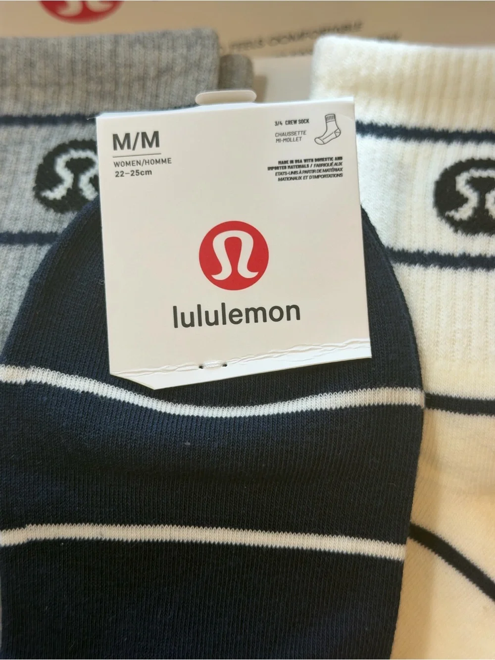 lululemon Striped Crew Socks in Navy, Gray & Cream set of 3